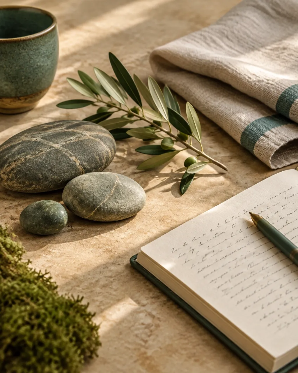A sunlit notebook, smooth stones, and an olive branch on a linen-covered table